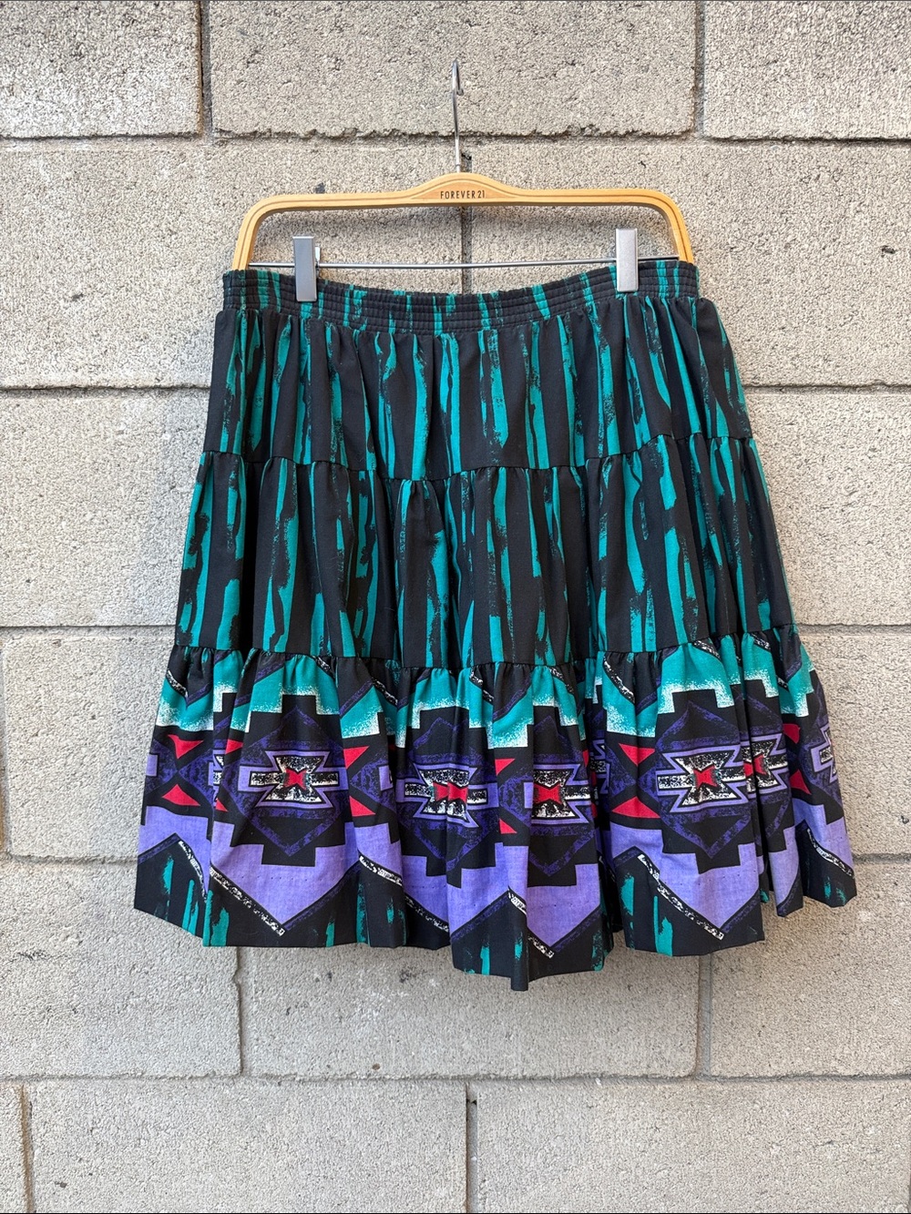 Vintage. Black, Teal & Purple Tiered Aztec Print Skirt